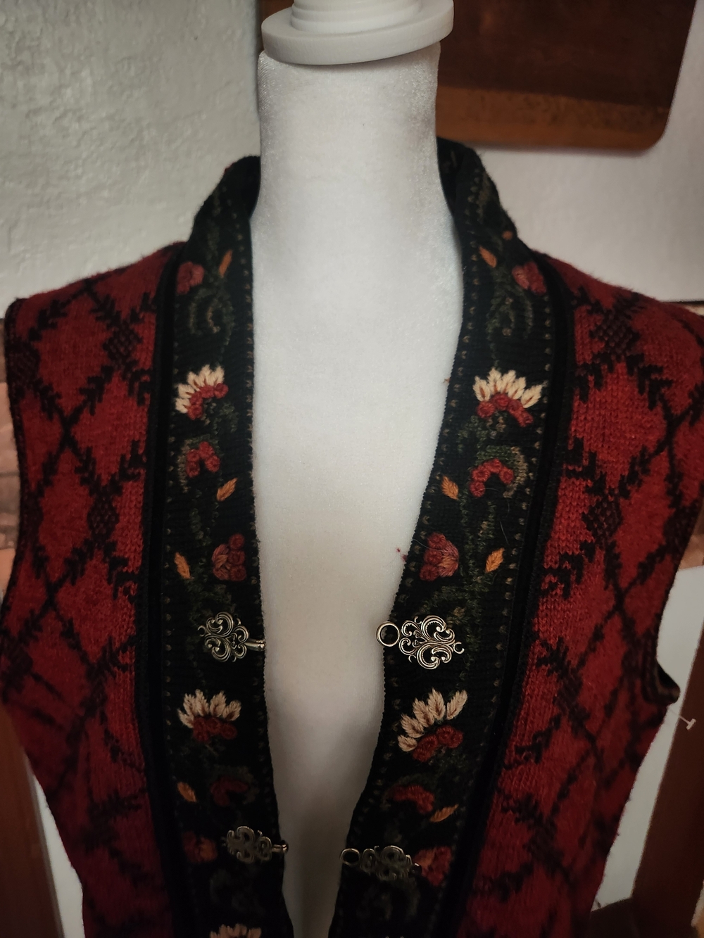 Red Embroidered Knit Vest with Floral Trim - Women's Layering Vest - Picture 7 of 10